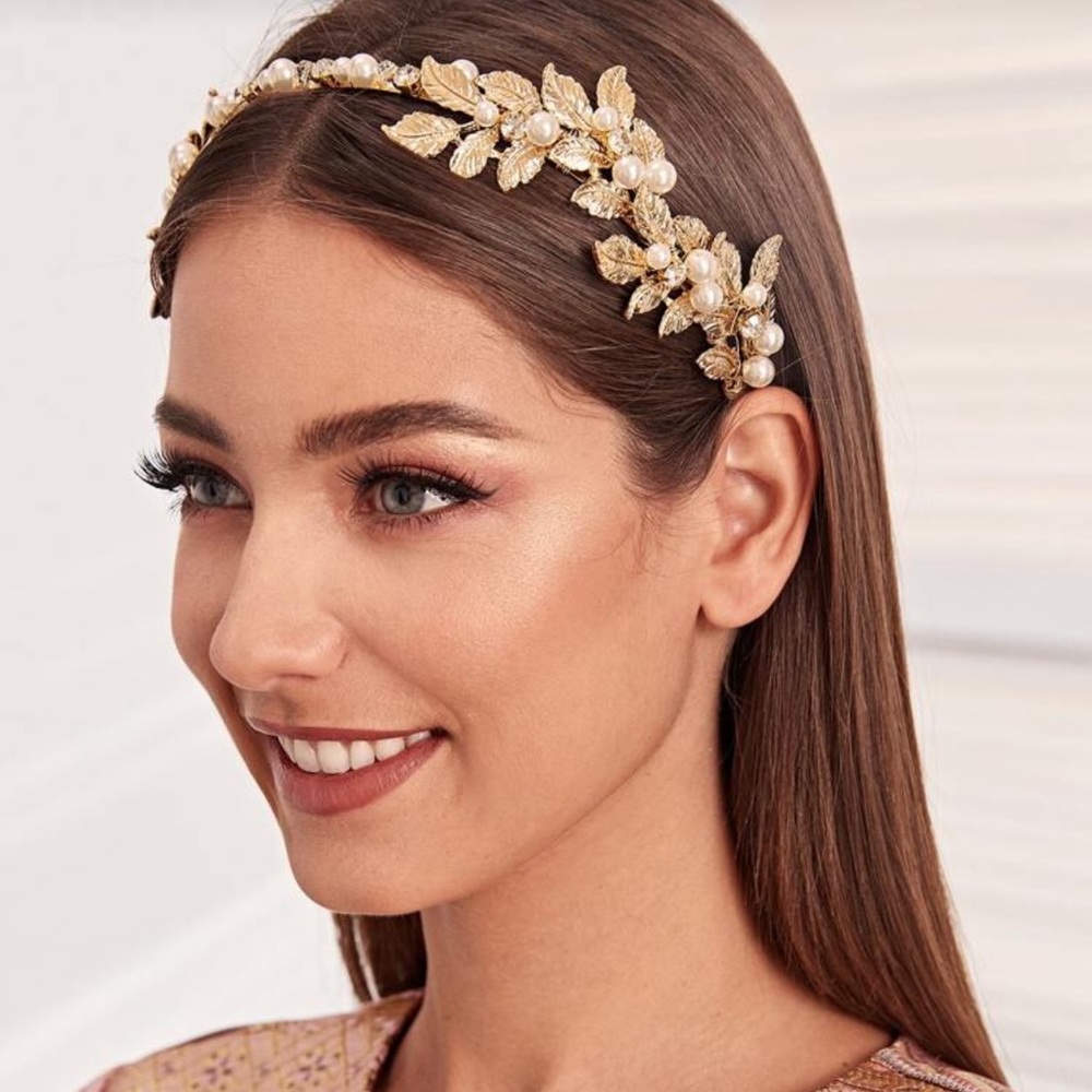 Leaf & Faux Pearl Decor Headband Elegant Hairband Hair Hoop